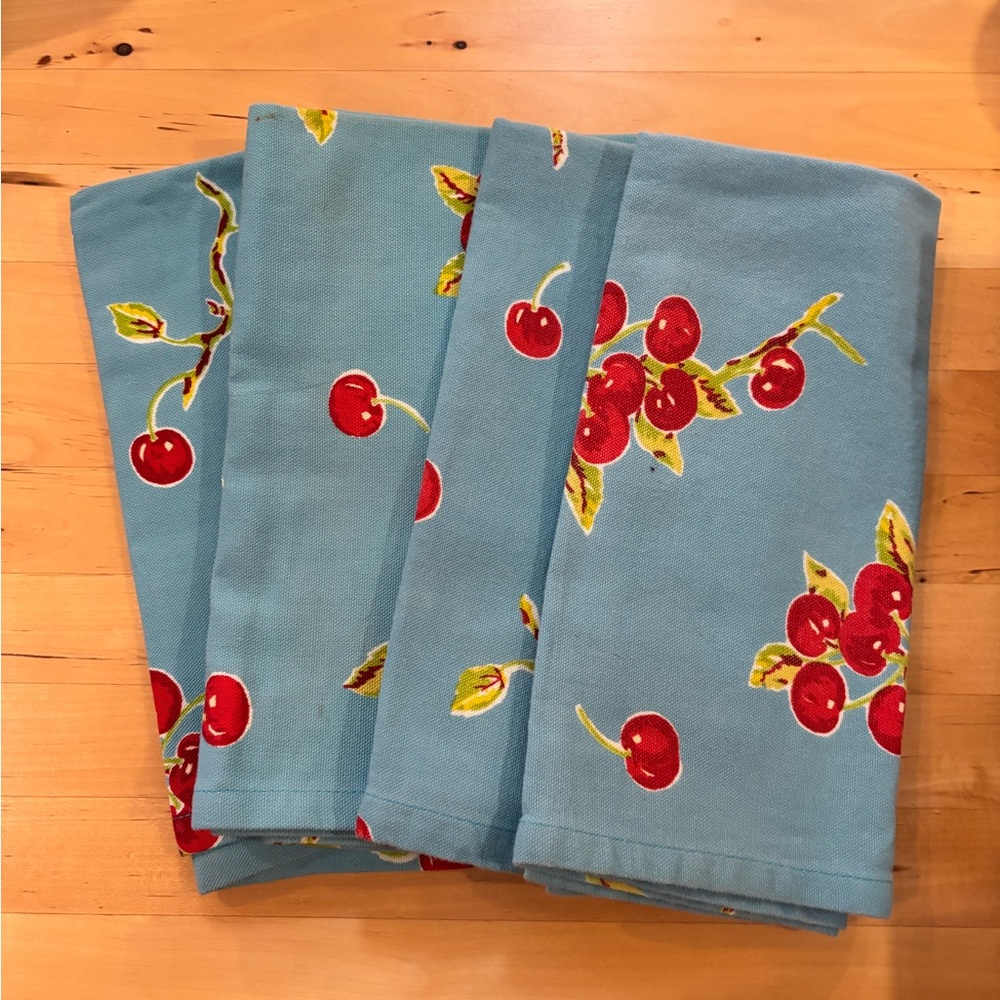 4 Cherry Patterned Blue Napkins